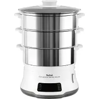 Tefal Convenient Series Deluxe Dampfgarer VC502D, 3 Korb/Körbe, Edelstahl, Weiß, Arbeitsplatte, Berührung, Vorderseite, Edelstahl