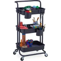 Relaxdays Rollwagen, 3 Etagen, 2 Bremsen, Allzweckwagen für Küche und Büro, Rollregal HBT: 86x43x42 cm, Metall, schwarz