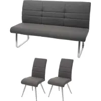 Mendler Set 2x Esszimmerstuhl+Sitzbank MCW-G55, Bank Küchenstuhl Stuhl, Stoff/Textil Edelstahl grau-braun Bank 180cm