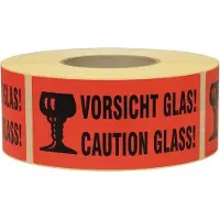 Transpak Hinweisetikett Vorsicht Glas Länge 145 mm, Breite 70 mm rot