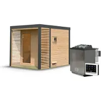 Karibu Saunahaus Außensauna Gartensauna Ares 2 unbehandelt Ofen 9 kW externe Strg easy 38mm Massivholz 237x276x232 cm Metallfarbe: anthrazit