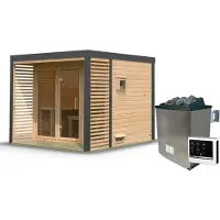 Karibu Saunahaus Außensauna Gartensauna Ares 3 unbehandelt Ofen 9 KW externe Strg easy 38mm Massivholz 277x276x232 cm Metallfarbe: anthrazit