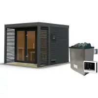 Karibu Saunahaus Außensauna Gartensauna Ares 3 anthrazit lackiert Ofen 9 KW externe Strg easy 38mm Massivholz 277x276x232 cm Metallfarbe: anthrazit