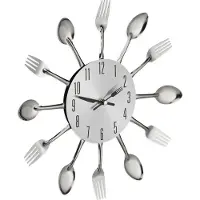 Relaxdays Wanduhr Besteck, Küchenuhr Löffel & Gabel, Ø 31 cm, Metall, batteriebetrieben, ohne Ticken, Besteckuhr, silber
