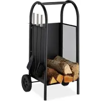Relaxdays Kaminholzwagen mit Besteck, Brennholzkarre Stahl, Kaminbesteck 3-teilig, Schaufel, Besen & Schürhaken, schwarz