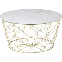 SalesFever Couchtisch mit Metallkorb Ø 80 cm | Glasplatte foliert in Marmor-Optik | Gestell Metall | B 80 x T 80 x H 45 cm | weiß-gold