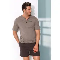 Le jogger Pyjama "kurzer Schlafanzug für Herren" 1 Stück, 2 tlg. mit Knopfleiste, meliertes Oberteil