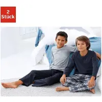 Le jogger Pyjama Packung, 4 tlg. langer Schlafanzug, kariert und unifarben, aus Baumwolle