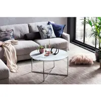 SalesFever Couchtisch 80 cm | Glasplatte foliert in Marmor-Optik | Gestell Metall | B 80 x T 80 x H 45 cm | weiß-chromfarben