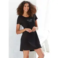 Vivance Nachthemd schwarz Gr. 32/34 für Damen. Rundhals und Schriftzug, Druck. Basic. Nachhaltig.