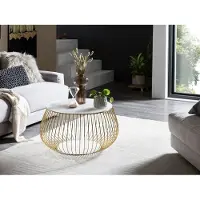 SalesFever Couchtisch 60 cm rund | Kristallglasplatte mit Marmordruck | Gestell Metall | B 72 x T 72 x H 42 cm | weiß-goldfarben