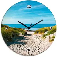 ARTland Glas Wanduhr Funkuhr - schwarzer Zeiger Strand mit Sanddünen und Weg zur See Größe: 30x30 cm