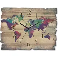 ARTland Holz Wanduhr Quarzuhr - schwarzer Zeiger bunte Weltkarte Größe: 40x30 cm