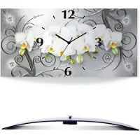 ARTland Wanduhr, gebogen Funkuhr - schwarzer Zeiger weiße Orchideen auf Ornamenten Größe: 60x30 cm