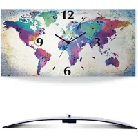 ARTland Wanduhr, gebogen Funkuhr - schwarzer Zeiger bunte Weltkarte Größe: 50x25 cm
