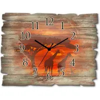 ARTland Holz Wanduhr Funkuhr - schwarzer Zeiger Herde von Giraffen im Sonnenuntergang Größe: 40x30 cm