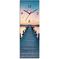 ARTland Glas Wanduhr Funkuhr - schwarzer Zeiger Langer Pier am See im Sonnenaufgang Größe: 20x60 cm