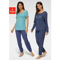Vivance Pyjama DREAMS, Damen, Gr. 32/34, blau (blau, dunkelblau), Single Jersey, Obermaterial: 100% Baumwolle, unifarben, Basic lang, Rundhals, Homewear-Sets Pyjama, mit Frontschriftzug