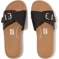 FitFlop Iqushion Adjustable Buckle Leather Slides SCHWARZ 36