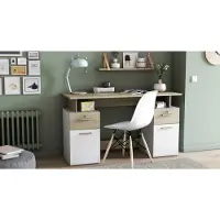 Demeyere PLATON Schreibtisch mit 2 abschließbaren Schubladen, 2 geschlossenen Nischen & 2 Flügeltüren, 134,8 x 55 x 76,4 cm, Eiche/weiß matt