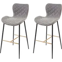 Mendler 2er-Set Barhocker MCW-E55, Barstuhl Tresenhocker, Vintage goldfarbene Streben Kunstleder WildKunstleder grau