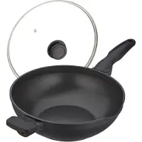 Relaxdays Wokpfanne mit Glasdeckel, Ø 30 cm, Aluminium, antihaftbeschichtet, Gas-, Elektroherd, Wok mit Griffen, schwarz