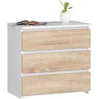 Akord Nachtkommode 60 cm Weiß / Sonoma Eiche mit 3 Schubladen für Schlafzimmer
