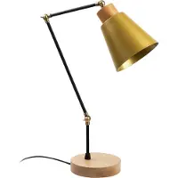 Opviq , Industrielle Tischlampe mit Metallkörper, Holzfuß, Ø 14 cm, Höhe 52 cm, E27 Fassung, max. 40 W, Kabel 200 cm, IP20, Gold | Stilvolles Design für moderne Räume.