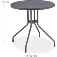 Relaxdays Gartentisch, H x Ø: 75 x 80 cm, Balkontisch in Holzoptik, Kunststoff & Stahl, runder Terrassentisch, grau