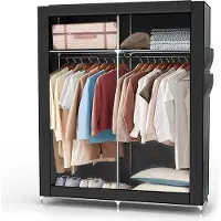Intirilife Faltschrank 108x170x45 cm in RABEN SCHWARZ - mit Reißverschluss Stoffschrank Kleiderschrank mit Kleiderstange, Fächern und Seitentasche - Camping Steckschrank Textil Garderobe