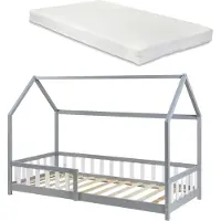 En.casa Hausbett ‘Hesel’ für Kinder mit Matratze Rausfallschutz Lattenrost 90 x 200 cm Grau