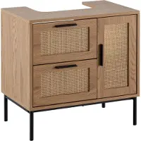 Wohnling Waschbeckenunterschrank Eiche-Optik 60x60x40 cm mit Tür und Schubladen Badezimmerschrank mit Rattangeflecht Unterschrank Stehend Badschrank