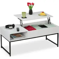 Relaxdays Couchtisch aufklappbar, HBT: 45x110x50 cm, Seitenfach, Wohnzimmertisch mit Stauraum, Holzoptik & Metall, weiß