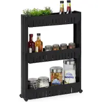 Relaxdays Nischenwagen, 3 Ablagen, schmales Nischenregal Bad & Küche, HBT 71x12,5x54 cm, Rollregal Kunststoff, schwarz
