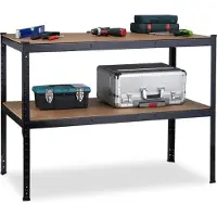 Relaxdays Werkbank, 2 Ebenen, höhenverstellbar, Werktisch, zum Stecken, Werkstatt, Stahl, MDF, HBT 90x120x60 cm, schwarz