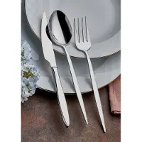 Hermia Concept , Hochwertiges Besteckset (24 Teile), 100% Edelstahl, 6 Esslöffel, 6 Gabeln, 6 Messer, 6 Dessertlöffel | Spülmaschinen- und mikrowellengeeignet | Elegantes Design in Silber.