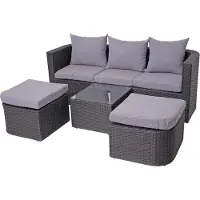 Mendler 3in1-Garnitur MCW-J37, Garten-/Lounge-Set Sonneninsel, Spun Poly Poly-Rattan MVG anthrazit, Kissen hellgrau
