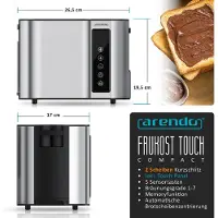 Arendo Frühstücks-Set Edelstahl, Wasserkocher Toaster Set, Wasserkocher mit Temperatureinstellung 1,5l, Toaster 2 Scheiben Kurzschlitz, Brötchenaufsatz, Touch, silber