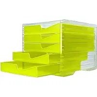 Styro Schubladenbox styroswing NEONline, 5 Schübe, Auszugsperre & Griffmulde, stapelbar, B 270 x T 340 x H 255 mm, Polystyrol, transparent-neongelb