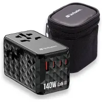 Verbatim 32125 GaN III Universal-Reiseadapter, 140 W, 2 x USB-C PD 3.1 & QC 4+ 140 W, 1 x USB-C PD 3.0 18 W / 1 x USB-A QC 3.0 18 W, Schwarz