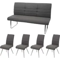 Mendler Set 4x Esszimmerstuhl+Sitzbank MCW-G55, Bank Küchenstuhl Stuhl, Stoff/Textil Edelstahl grau-braun Bank 180cm