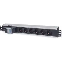 Intellinet 19" 6-fach Steckdosenleiste, Schutzkontakt, Doppelter Leitungsschutzschalter, 1,6 m Stromkabel, 1,5 HE, 1.5U, Senkrecht, Aluminium, Schwarz, Grau, 6 AC-Ausgänge, Typ F