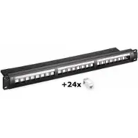 Goobay 19-Zoll (48,3 cm) Keystone Patch Panel Leergehäuse Set (1 HE), inklusive 24x CAT 6 UTP Module