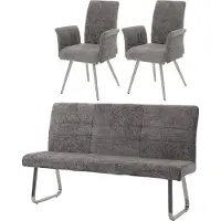 Mendler Esszimmer-Set MCW-G55, 2er-Set Stuhl mit Armlehne+Sitzbank 180cm, Edelstahl gebürstet Stoff/Textil Chenille dunkelgrau