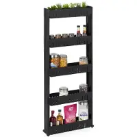 Relaxdays Nischenwagen, 5 Ablagen, schmales Nischenregal Bad & Küche, HBT 131x12,5x54 cm, Rollregal Kunststoff, schwarz