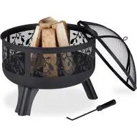 Relaxdays Feuerschale mit Funkenschutz, Garten & Terrasse, mit Schürhaken, Outdoor Feuerkorb, HxD: 60 x 60 cm, schwarz