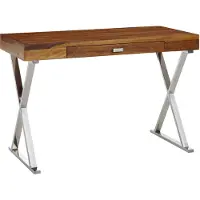 FineBuy Schreibtisch 120x55x78 cm Sheesham Massivholz / Metall Chrom Design Bürotisch mit Schublade HomeOffice Laptoptisch Computertisch mit Stauraum