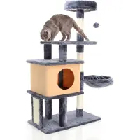 Fudajo Kratzbaum in Dunkelgrau 112 cm hoch, Katzenkratzbaum mit Katzenhaus, Katzenbaum mit Liegemulde und Plattformen, Katzenmöbel mit Kratzbrett