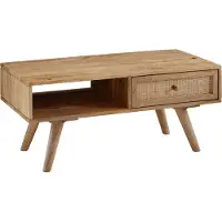 FineBuy Couchtisch 90cm Mango Massivholz / Rattan Wohnzimmertisch Rechteckig, Holztisch mit Stauraum, Sofatisch mit Schublade Massiv Rohrgeflecht