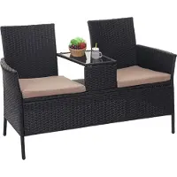 Mendler Poly-Rattan Sitzbank mit Tisch MCW-E24, Gartenbank Sitzgruppe Gartensofa, 132cm schwarz, Kissen creme